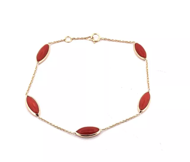 Naturel Marquise Corail Bracelet Solide 18Kt Solide or Jaune Delicat Et Délicat