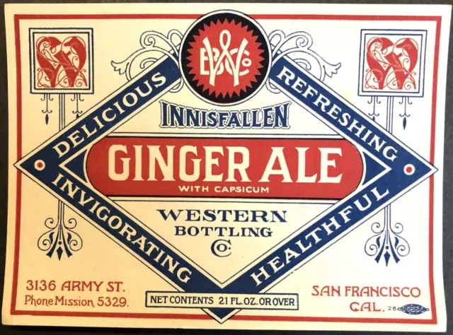 Vintage INNISFALLEN GINGER ALE Original Unused Vintage Label San Francisco Ca.