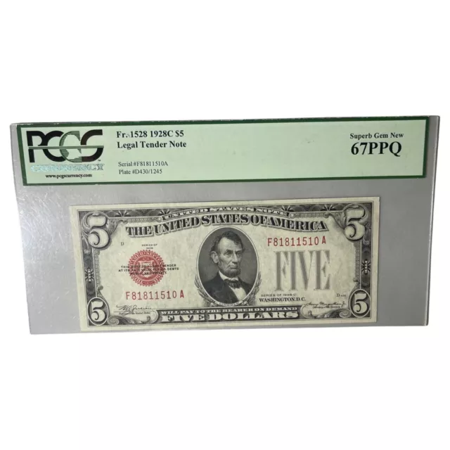 $5 Five Dollar 1928 C Legal Tender Note FR 1528 EPQ SuPer GEM PCGS MS67 67 PPQ 2