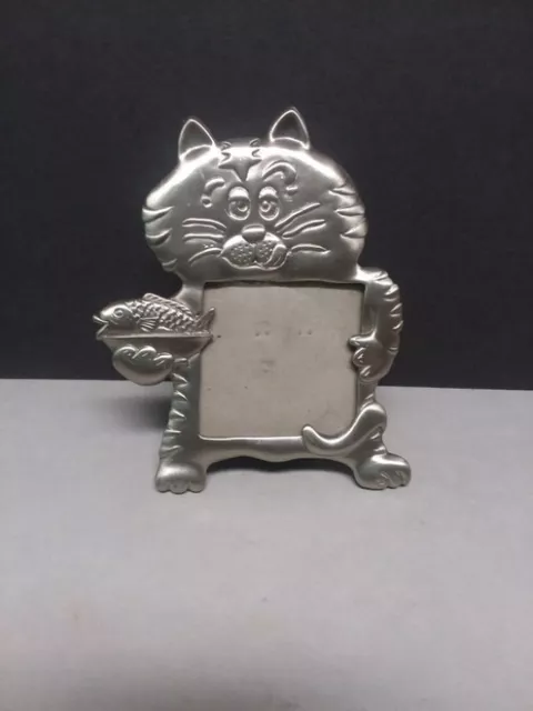 CUTE!  Pewter Kitty Cat holding Fish Pet Picture Frame 3 x 3" Photo Metal Silver