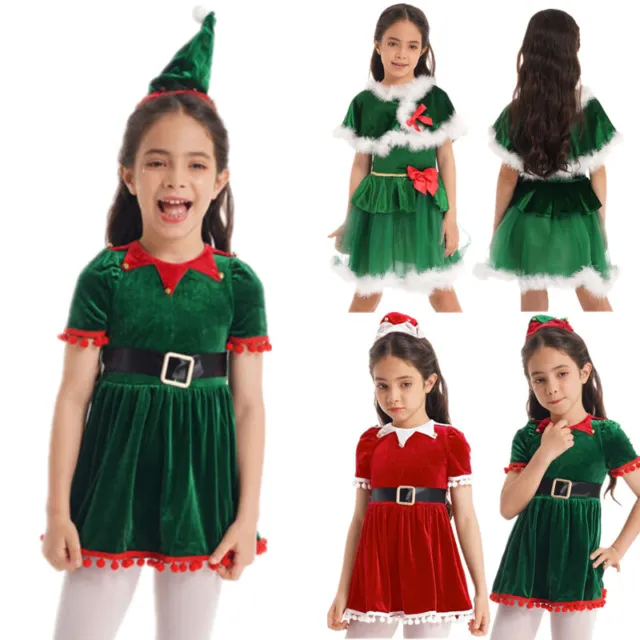 Abito in velluto natalizio bambine set costume elfo babbo Natale abito di Natale con cintura cappello