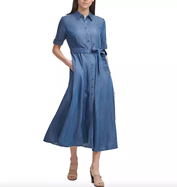 CALVIN KLEIN Women Indigo Belted Denim Midi Shirtdress Size 14 NWT