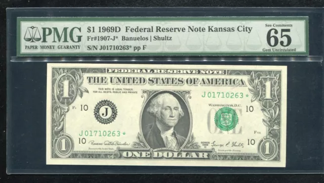 Fr. 1907-J* 1969-D $1 One Dollar *Star* Frn Kansas City, Mo Pmg Gem Unc-65Epq