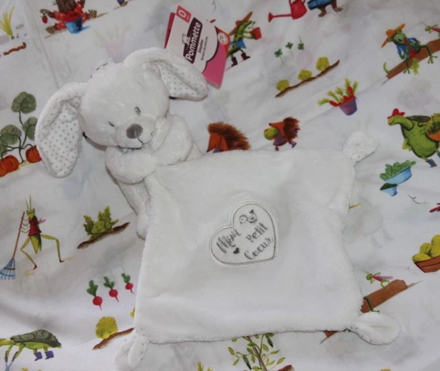 DOUDOU  POMMETTE LAPIN MON PETIT COEUR  MOUCHOIR BLANC GRIS 100% neuf étiquette