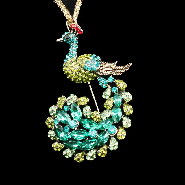 Green Crystal Lovely Peacock Animal Pendant Betsey Johnson Chain Necklace/Brooch
