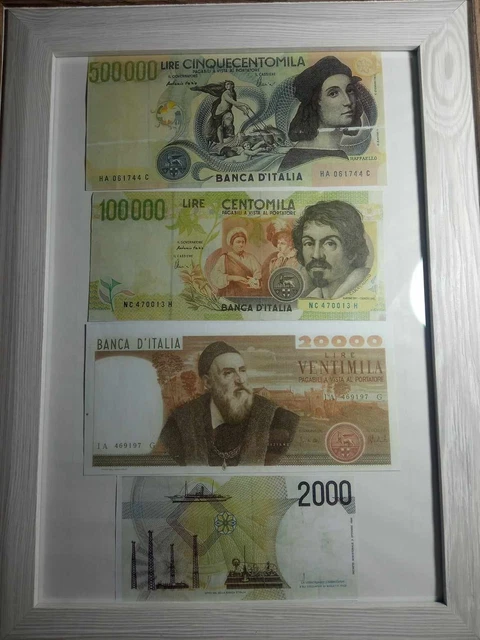  Lotto di 4 BANCONOTE Lire Riproduzioni compreso cornice