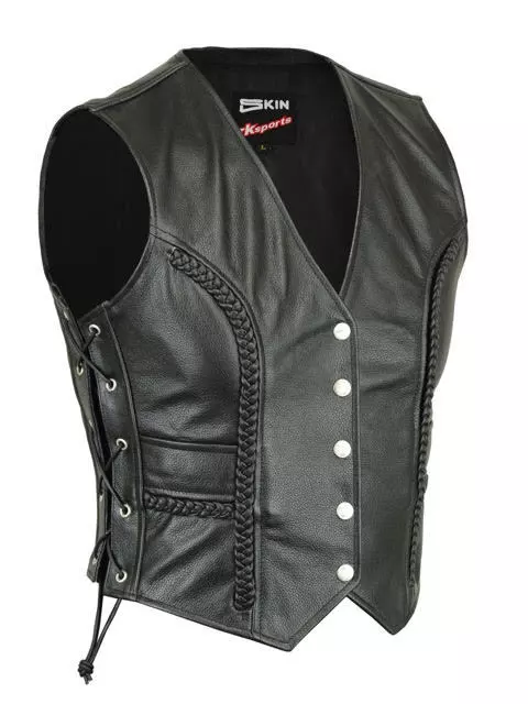 Ladies Tassel Motorcycle Biker Buckled Leather Vest Waistcoat Black Cowhide