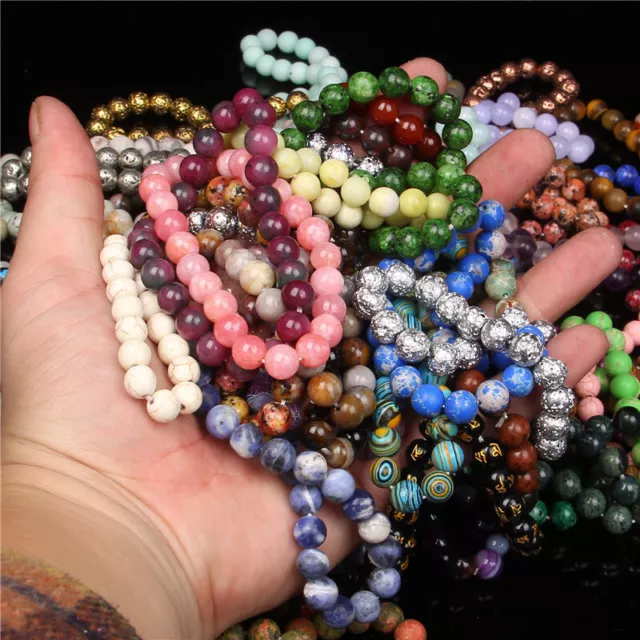Handmade 15Pcs Mixed Natural Gemstone Round Beads Stretchy Bracelet Reiki Chakra