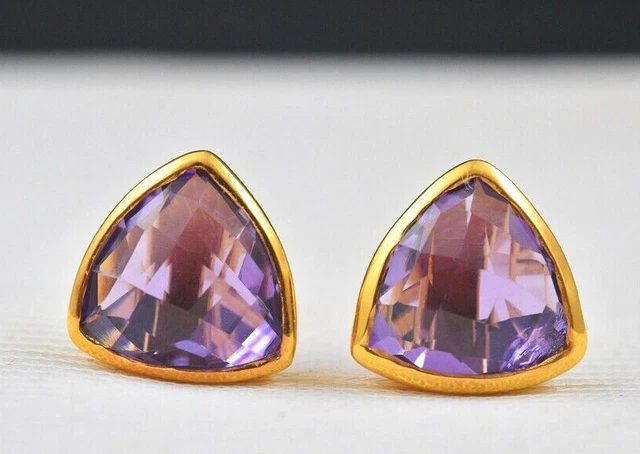 14K Yellow Gold Plated 2.2CT Trillion Lab-Created Amethyst Women's Stud Earrings