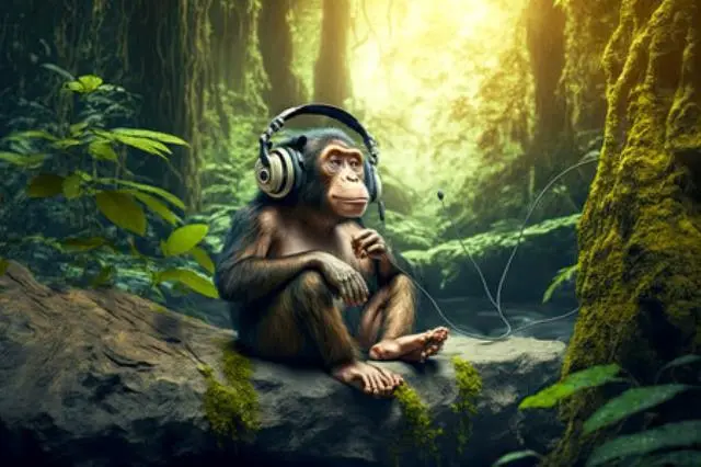 Lustiger Affe mit Kopfhörern, der auf einem Felsen im Wald sitzt, generative KI