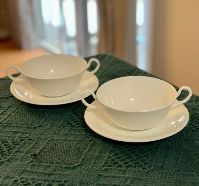 2 Sets ~ Aynsley England White Double Handle Cream Soup Bowls & Saucers