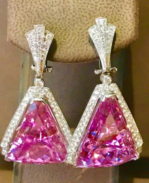 Very Large 78 Carat Funcy Shape Kunzite Hanging Perfect 925 Silver Earrings Pair