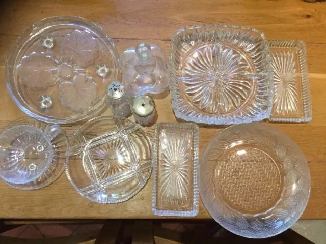 JOB LOT of 11 Clear Cut & Pressed Glass Serving/ horderves/nibbles Dishes Etc...