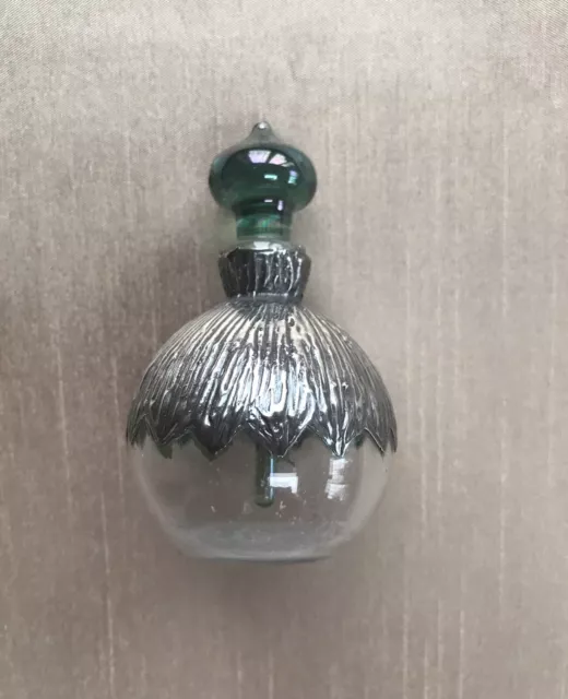 Vintage Collectible Green Glass Perfume Bottle With Silver Mount