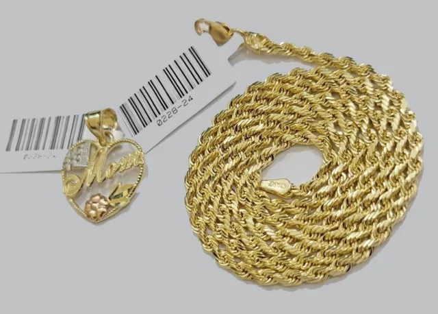 10k Gold Rope Chain Mom Heart Charm Pendant Set 16-28'' Inch 2.5mm Necklace REAL 3