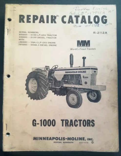 Minneapolis Moline Models G-1000 Tractor Dealer Parts Catalog