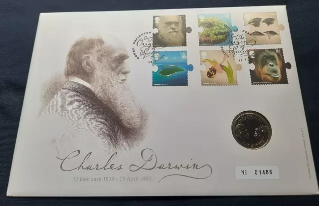 Great Britain GB UK "CHARLES DARWIN ~ THEORY OF EVOLUTION" Coin Cover PNC 2009 2