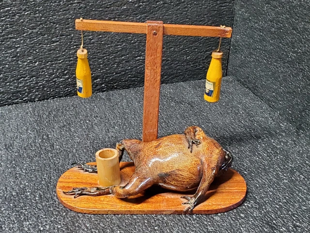 Vintage Unusual Taxidermy Drunken Passed-out Bullfrog with Corona Beers