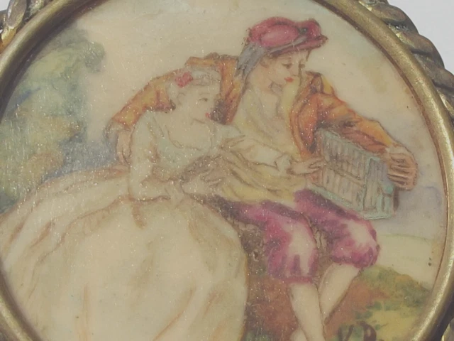 Broche Ancienne Avec Miniature Peinte Scène Galante Signée FL - Bijou Vintage Pour Femme