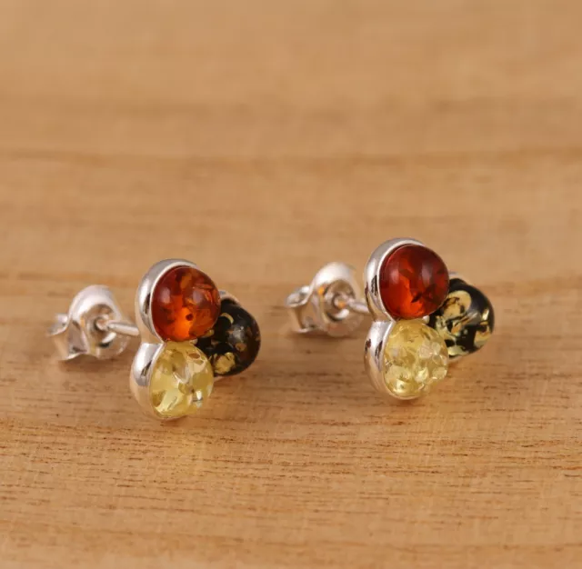 Multicolour Baltic Amber 925 Sterling Silver Stud Earrings Jewellery Gift Boxed