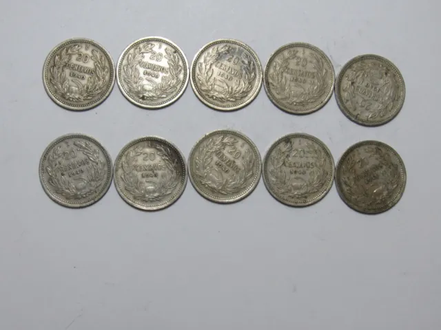Lot of 10 Old Chile Coins - 1940 20 Centavos - Circulated
