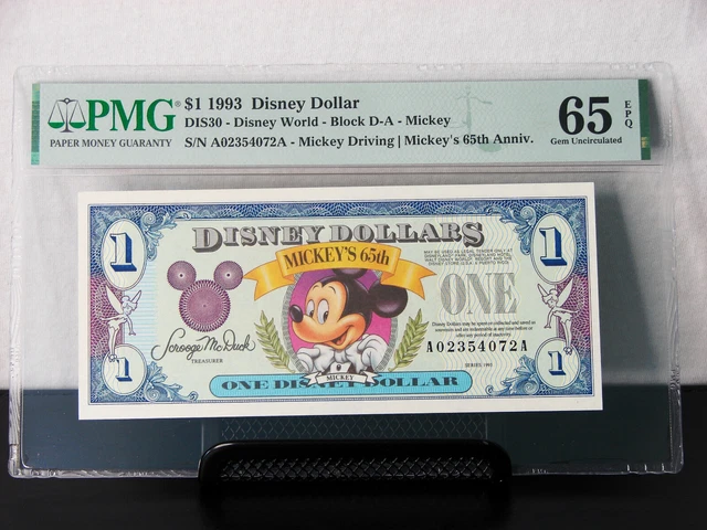 Disney Dollars 1993 $1 Dollar Mickey's 65th PMG-65 EPQ Uncirculated