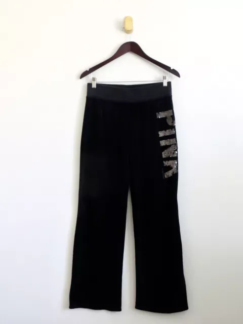 Victoria's Secret PINK Y2K Velour Track Sweat Pants Sequin LOGO Black SZ S