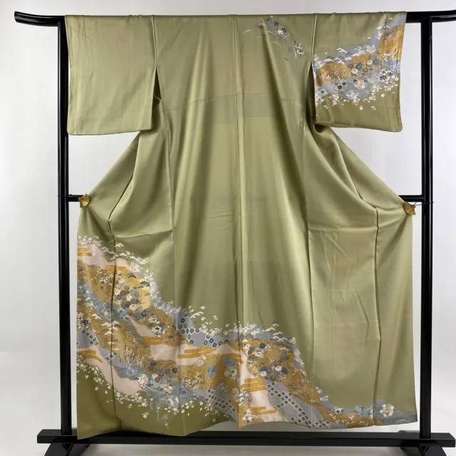 Japanese Silk Kimono Houmongi Gold Foil Pine Bamboo Plum Tree Flower Green 61"