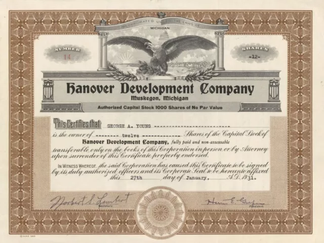 Hanover Development Co. - Stock Certificate - General Stocks