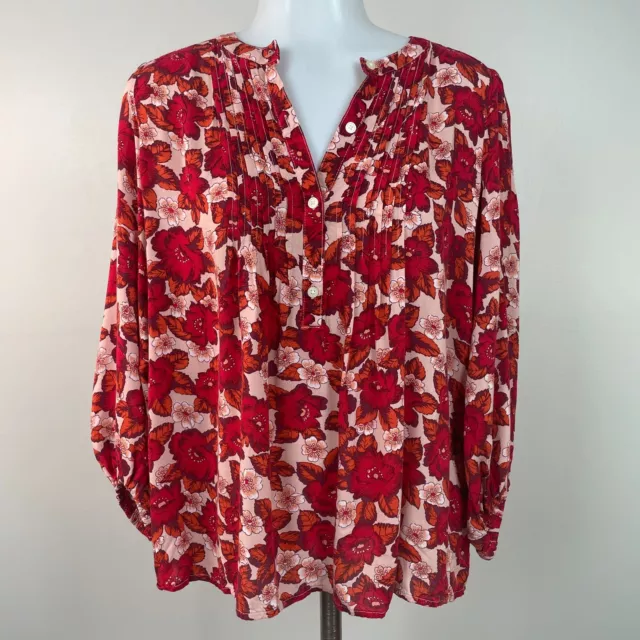 GAP Top Small Red Orange Floral Pintuck Popover Blouse 3/4 Sleeve Women's