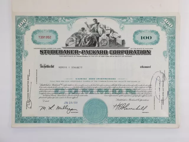 Studebaker-Packard Corporation Common Stock Certificate Jan 1961 100 Shares $1ea