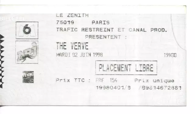 Rare / Billet Ticket De Concert - The Verve : Live A Paris ( France ) 1998 Place