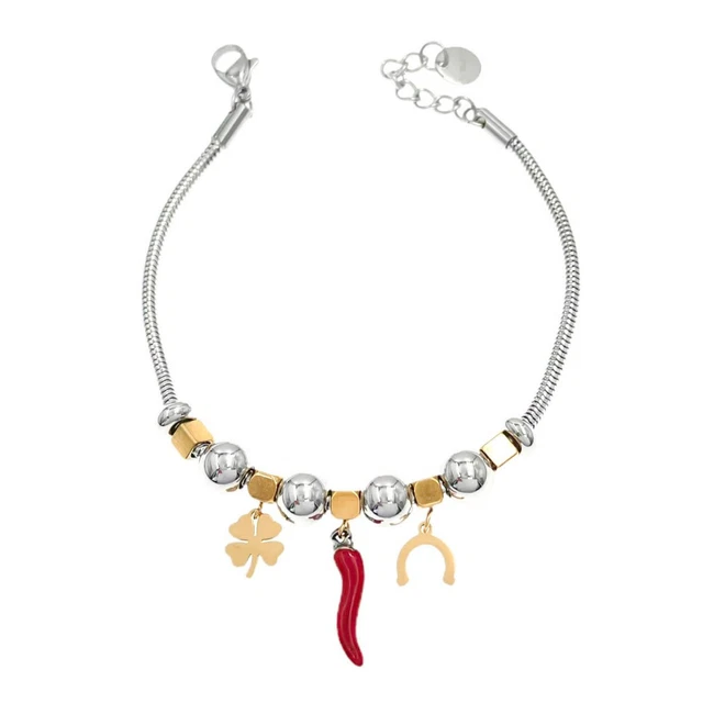 BRACCIALE SIMBOLI PORTAFORTUNA oro e argento in acciaio inossidabile