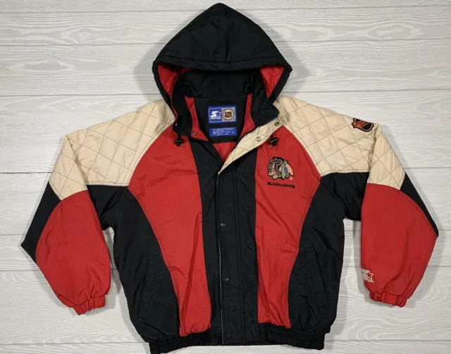 Vtg Chicago Blackhawks Starter Full Zip Hooded Jacket Sz L 90s NHL Hockey