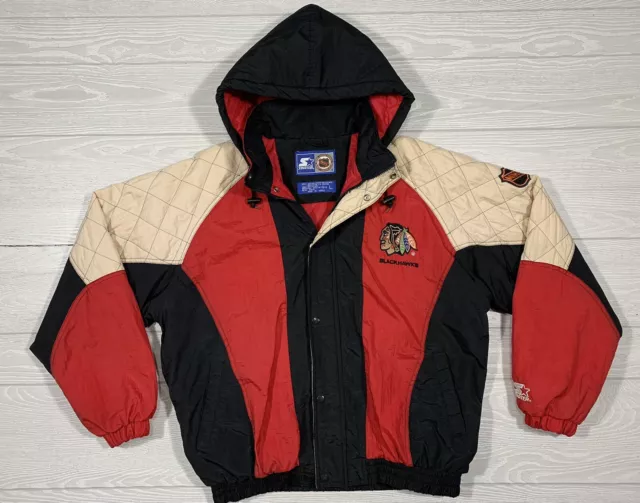 Vtg Chicago Blackhawks Starter Full Zip Hooded Jacket Sz L 90s NHL Hockey Vtg Chicago Blackhawks Starter Full Zip Hooded Jacket Sz L 90s NHL Hockey