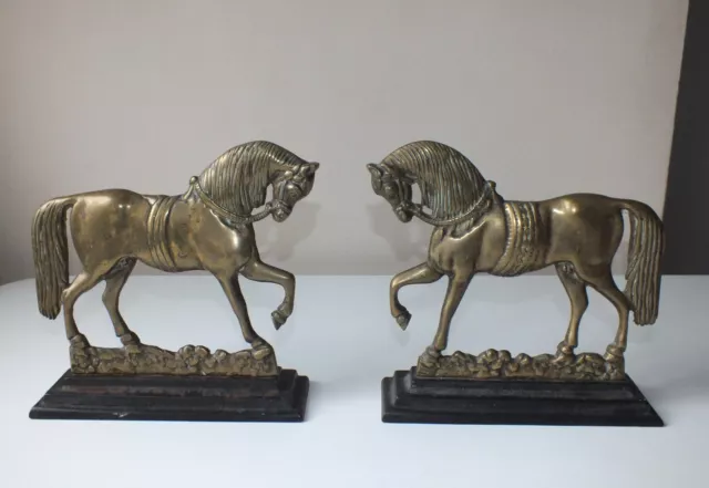 Pair Large Antique Brass Horse Fireside Ornaments Victorian Cast Iron Bases