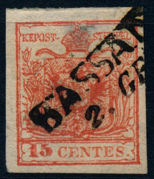 LOMBARDEI-VENETIEN 1850 15C, HP, Type III. WASSERZEICHEN! BASSANO. Schön!