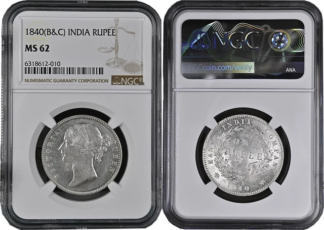 EIC Victoria Queen 1840 AD (B&C) DL 28 Berry Silver Rupee NGC Graded MS 62