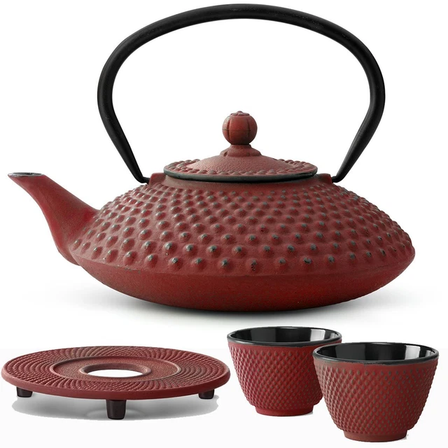 Asia Tee Set Gusseisen asiatisch Teekanne Teesieb Becher Untersetzer 1,25 L rot
