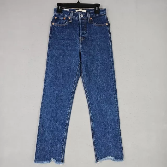 Levi's Premium Wedgie Straight Jeans Womens 23 Blue Button Fly Raw Hem Denim