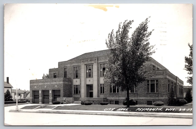 Plymouth WI Wind-Blown Tree~Closeup Fire Station? & Art Deco City Hall 1957 RPPC