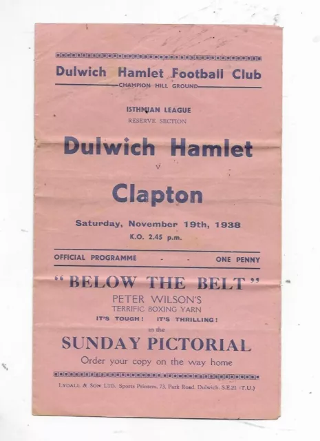 PROGRAMME - DULWICH HAMLET  v CLAPTON RESERVES - 19 NOVEMBER 1938