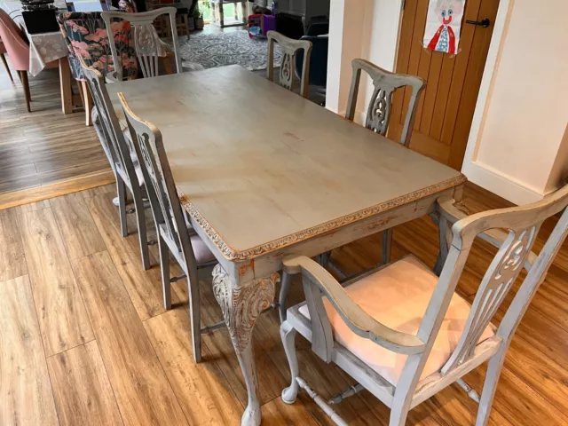 Antique dining table and chairs - 6 seater - French grey shabby chic