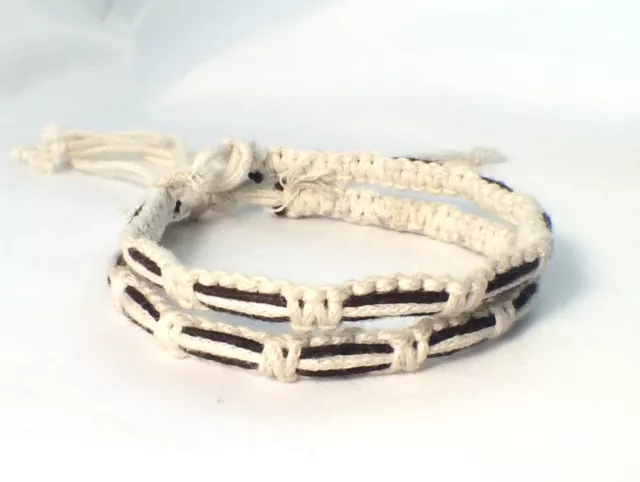 2 x White and Black Waxed Cotton Bracelet Anklet Wristband Mens Womens Beach