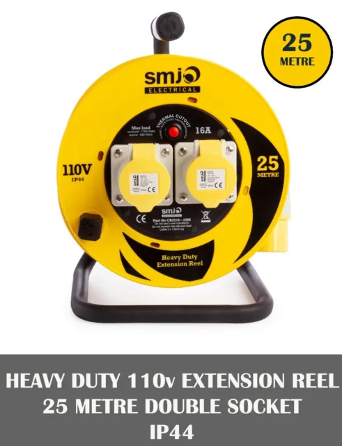 SMJ 110V Extension Lead Cable Drum Reel 25m 2 Gang Socket 16A Thermal Cut off