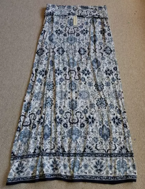 NWT Womens Skirt-MAX STUDIO-white/navy floral rayon stretch knit maxi pull-on-L