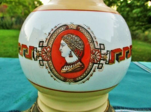 Lampe pétrole ancien  Romains Porcelaine Peinte à la main Bronze Empire Oil lamp