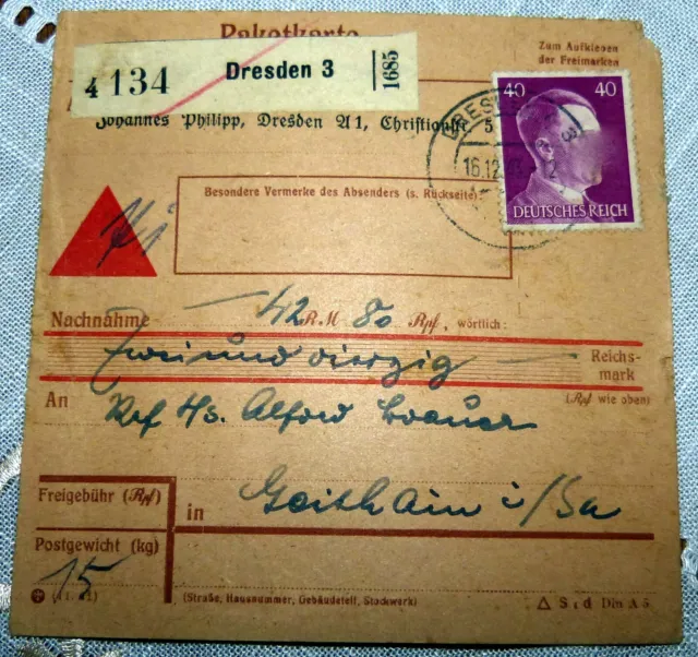 Paketkarte 134 Dresden 3 1943 Geithain MiF Deutsches Reich Paket Karte (3082