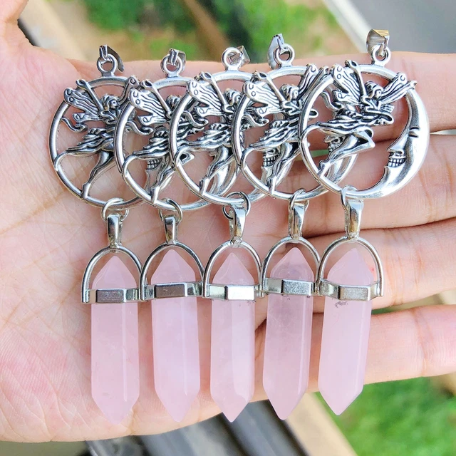 5pcs Rose Quartz Stone Pendants Moon Goddess Chakra Reiki Healing Amulet Point