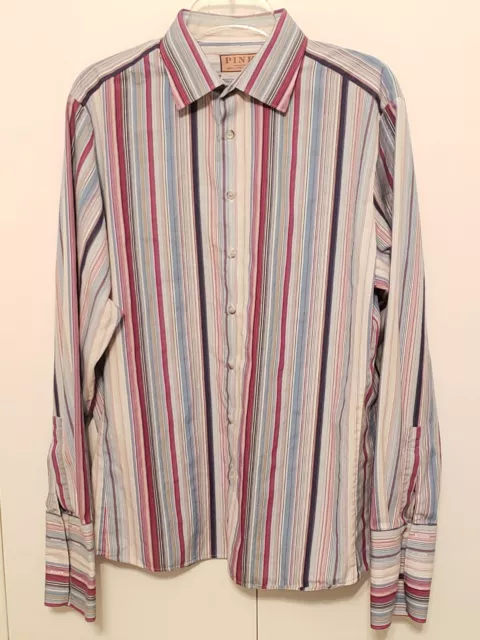 Thomas Pink Size 17 French Cuff Dress Shirt Colorful Red Blue Stripe Ships Free!